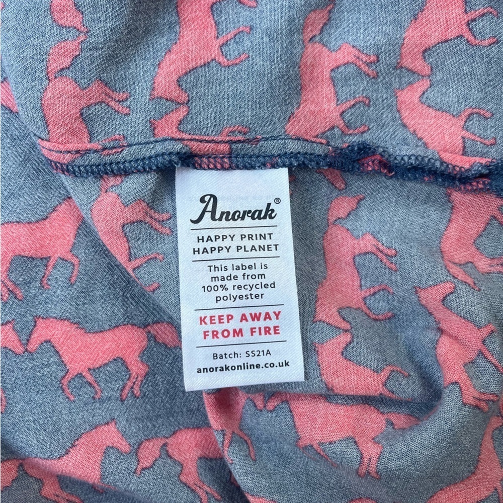 Anorak Horse Print Jersey Midi Dress Blue Pink Size 6 Pockets Elastic Waist - Picture 8 of 11